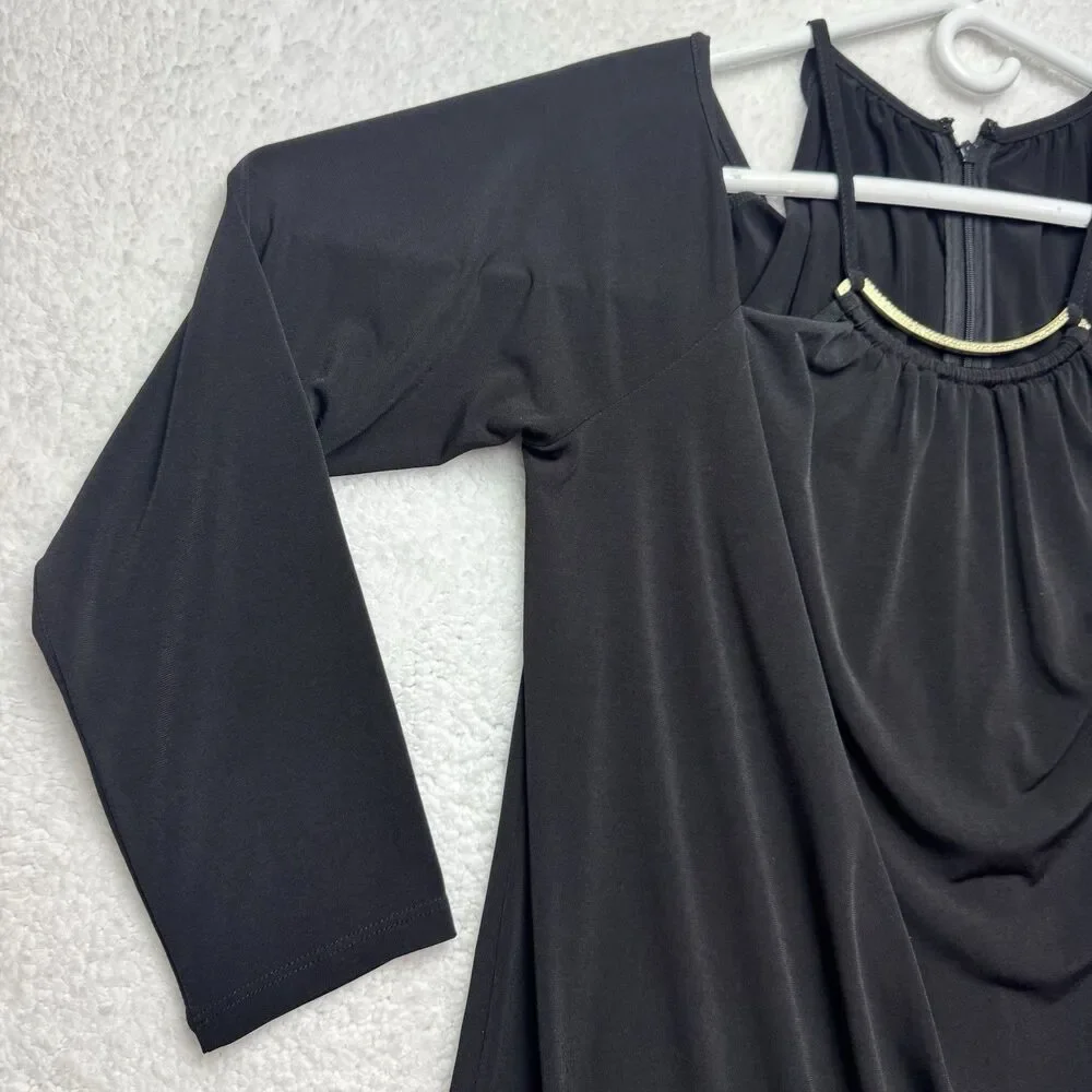 Michael Kors Cold Shoulder Top Womens XL Black Gold Accent Neck Zip Long Sleeve